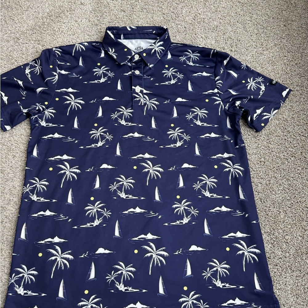 kaipar Navy Blue Palm Tree Print Men's golf polo- size large